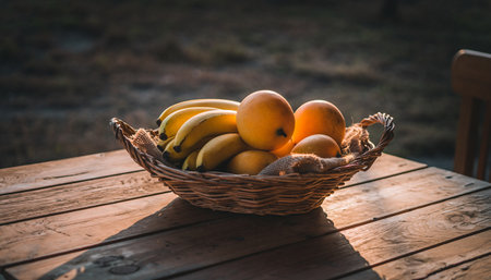 Basket of bananas and oranges on a wooden table in the gardenの素材