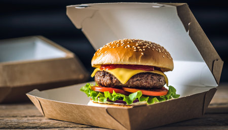 Hamburger in a cardboard box on a wooden table. Toned.の素材