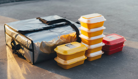 plastic food containers on the street, food delivery concept, selective focusの素材