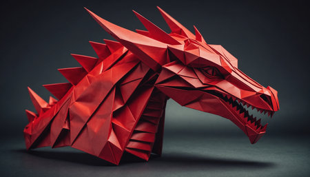 Paper origami dragon isolated on black background. Creative idea concept.の素材