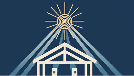 Illustration of a house with a sun in the sky on a blue backgroundの素材