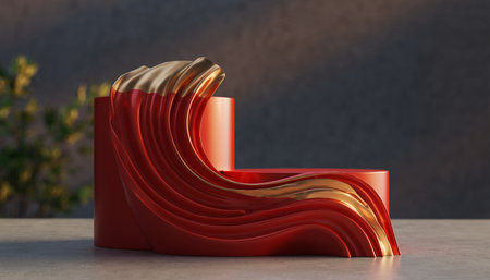 3d rendering of abstract geometric forms. Glossy red podium for product presentation.の素材