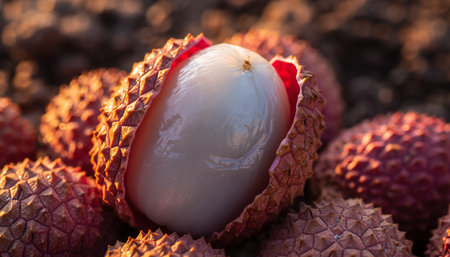 Lychee fruit on the ground. Close up. Selective focus.の素材