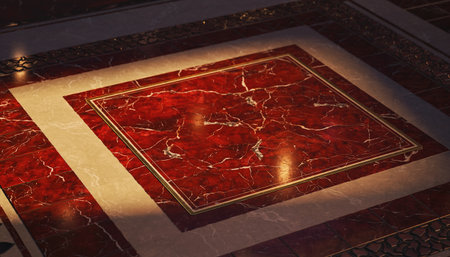 Red marble floor with golden square frame. 3D render illustration.の素材