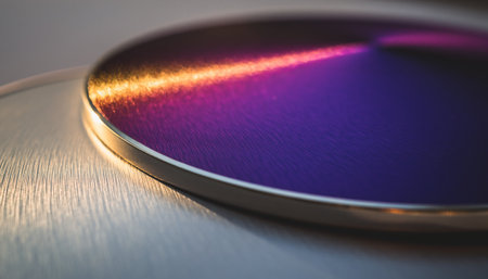 3d illustration of metal plate with purple and blue light reflections.の素材
