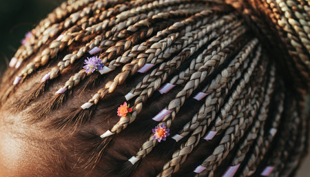 Closeup of braided hair of a girl with flowers on her headの素材