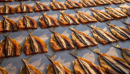 Dried salted fish on a tray in a seafood market.の素材