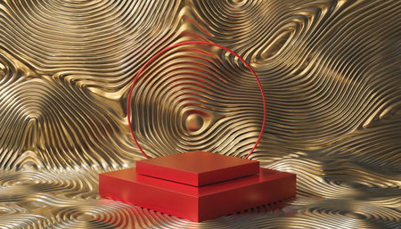 3d rendering of abstract geometric forms. Glossy golden background with red podium for product presentation.の素材