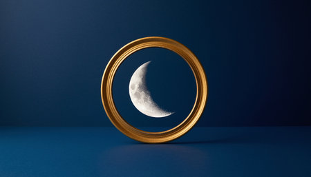 3d rendering of a crescent moon in a golden frame on a blue backgroundの素材
