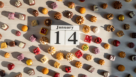Top view of wooden calendar with date of January 14 and sweets on white backgroundの素材