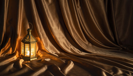 Lantern on a golden silk background. Ramadan Kareem.の素材