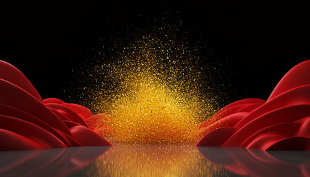 3d rendering of abstract red background with glittering golden particles.の素材