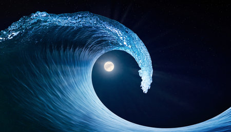 Surfing ocean wave with moon at night. Mixed media. Mixed mediaの素材