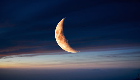 The moon in the night sky with clouds over the sea of fogの素材