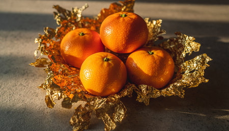 Tangerines in golden foil on a light background. Tangerine or mandarin.の素材