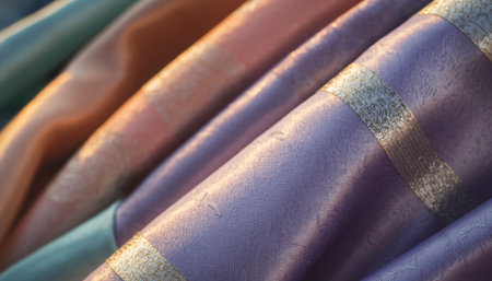 Colorful fabrics for sale in a market, closeup of photoの素材
