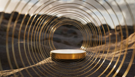 3d render of golden podium for product display in the desert.の素材