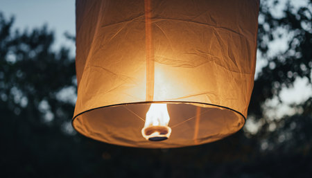 Hanging lanterns in the night sky. The light of the lantern.の素材