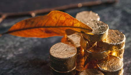 golden coins and leaves on a dark background, the concept of wealthの素材