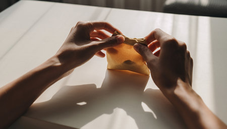 cropped view of woman holding burger on table in cafe, low angle viewの素材