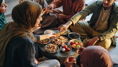 multiethnic muslim family eating fast food together during ramadanの素材