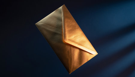 golden envelope on dark blue background with rays of light and shadowの素材