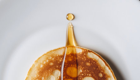 Pancake with honey on a white plate, close-upの素材