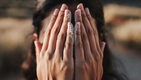 Close up of woman covering her face with hands and looking through fingersの素材