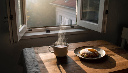 Cup of coffee and pancakes on the window sill in the morningの素材