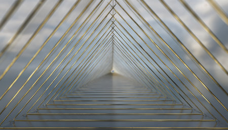 Futuristic corridor with golden lines on cloudy sky background. 3D renderingの素材