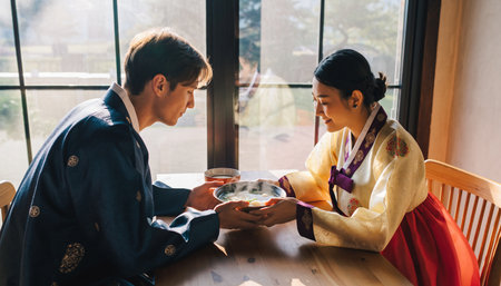 Young couple in traditional japanese kimono sitting in cafeの素材