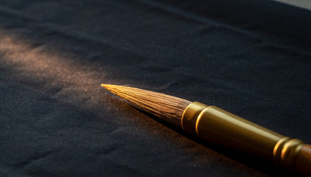 Close up of a golden calligraphy pen on black background.の素材