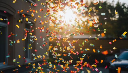 Colorful confetti flying in the air on a sunny day.の素材