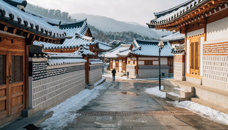 Korean traditional architecture in winter, Hanok Village, Seoul, South Koreaの素材