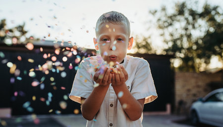Cute little boy playing with confetti outdoors on a sunny dayの素材