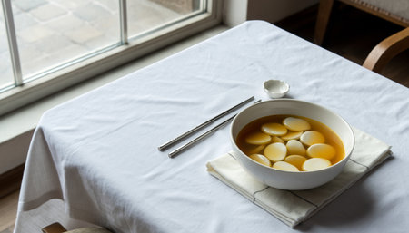 boiled marshmallows in a bowl and chopsticks on the tableの素材