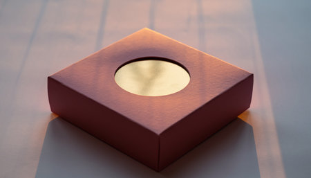 Red gift box with golden ring on the table. 3d renderingの素材