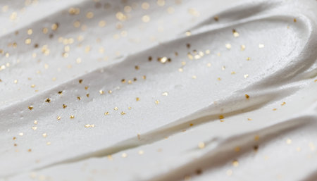 White whipped cream with golden sparkles on a white background close upの素材