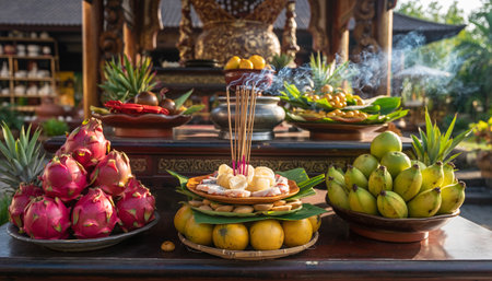 Thai papaya and dragon fruit on the table in the templeの素材