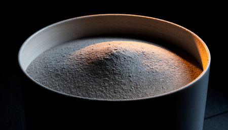 powder in a black cup on a black background.の素材