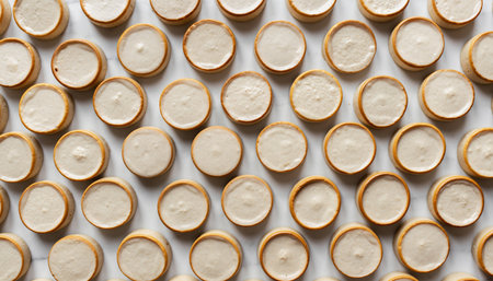top view of round cookies with white frosting arranged on white backgroundの素材