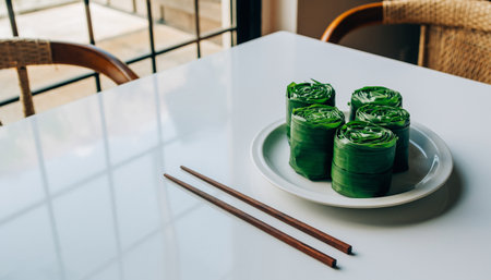 Thai dessert made of banana leaf on white plate with chopsticks.の素材