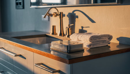 kitchen sink and faucet with towel in modern kitchen.の素材