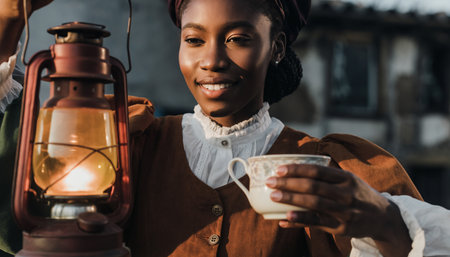 smiling african american woman holding cup of coffee and looking at cameraの素材