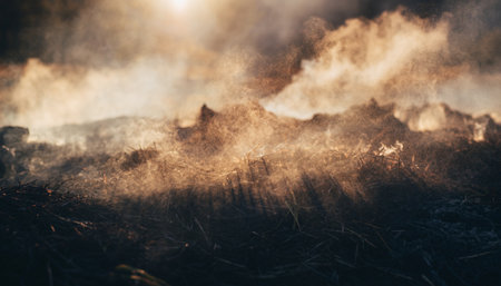 Burning dry grass in the field at sunset. Natural disaster.の素材