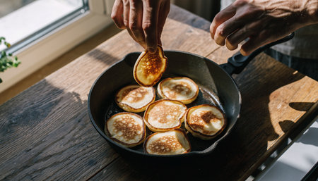 Pancakes in a frying pan on a wooden kitchen table.の素材