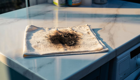 Coffee grounds on a napkin in a modern kitchen.の素材