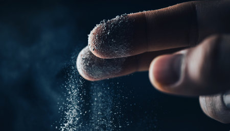 Close up of a man's hand holding sugar powder on dark backgroundの素材
