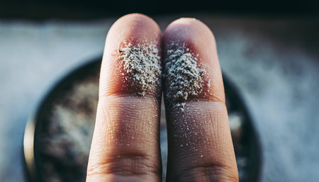 Close-up of a woman's hand smeared with sugar powderの素材