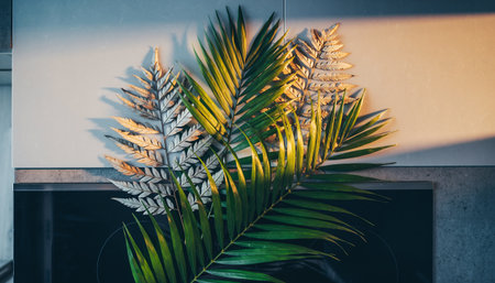 Tropical palm tree leaf in vase decoration interior - Vintage Light Filterの素材